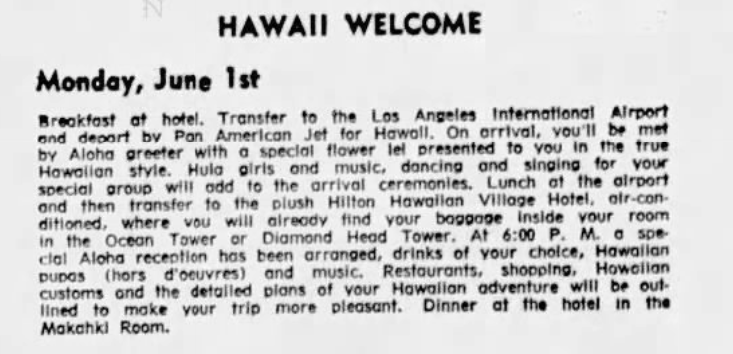 Clipping from a Texas newspaper in 1964 showing itinerary for a package deal to Hawaiʻi.