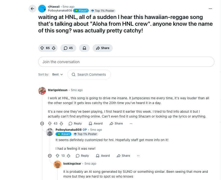A Reddit thread commenting on AI-generated music on the playlist of the Honolulu airport sound system.