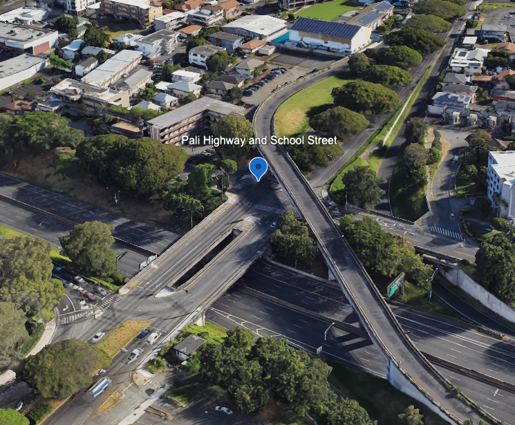 Aerial photo showing the intersection of two major highways.