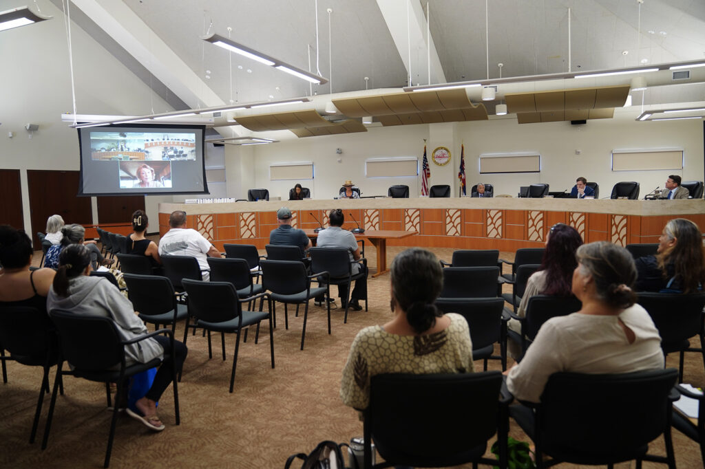 Hawaiʻi County Council meets Wednesday, April 22, 2026, in Kailua-Kona. Half of the members were present in the Hilo chambers. (Kevin Fujii/Civil Beat/2026)