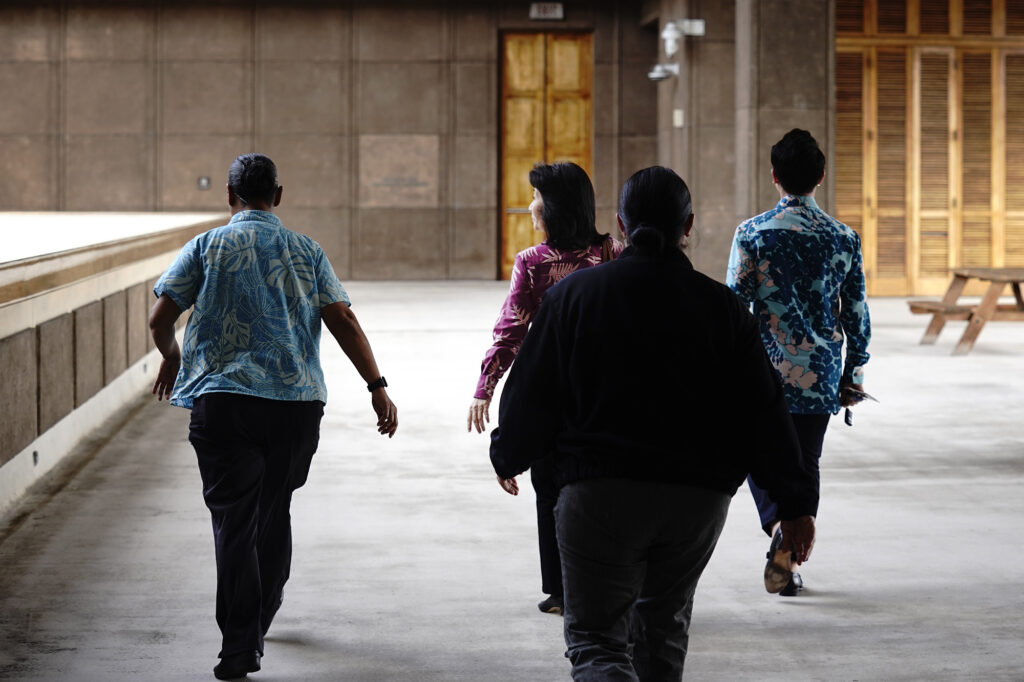Lt. Gov. Sylvia Luke leaves the governor’s office with aides and security Thursday, April 23, 2026, in Honolulu. (Kevin Fujii/Civil Beat/2026)