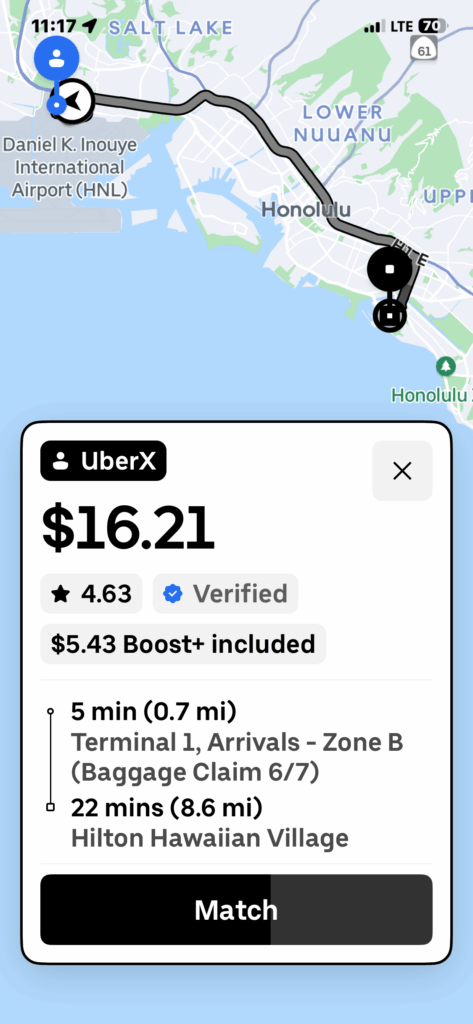The price offered an Uber driver to take a passenger from the airport to Waikīkī, plus a boost, which Uber uses periodically to incentivize drivers to serve a particular area.