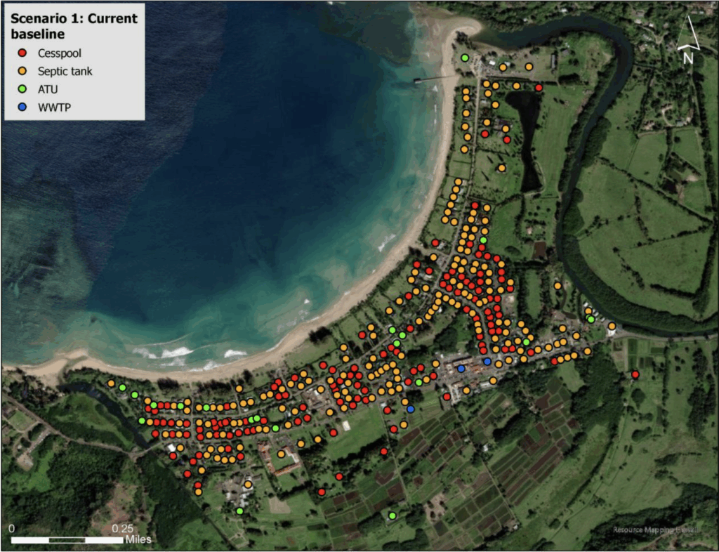 An aerial map of Hanalei with different colored dots depicting cesspools, septic systems, aerobic treatment units and wastewater treatment plants.