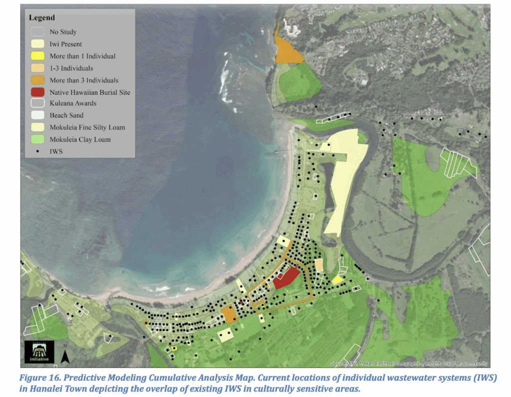 An aerial map of Hanalei with different colored overlays to depict soil types and where Native Hawaiian burials have been discovered. Black dots mark individual wastewater systems.