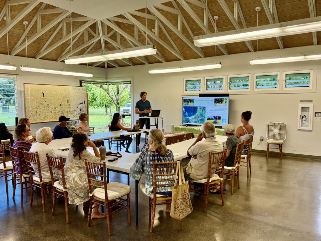 Water resource engineer Matt Rosener presents the results of The Hanalei Initiative’s groundwater monitoring at a community meeting in November 2025.