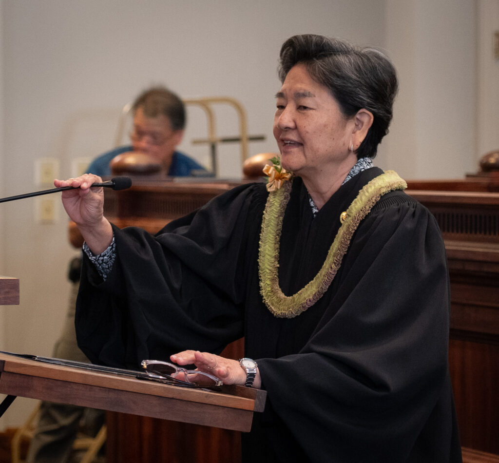 Associate Justice Lisa Ginoza administered the Attorney's Oath to admitted members participating in Law Day at Ali'iolani Hale May 1, 2026. Hawaiʻi held its second Law Day yesterday, despite being a national event since 1958. (Craig Fujii/Civil Beat/2026)