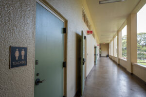 Teachers bathroom at a satellite building on the McKinley High School campus May 1, 2026. (Craig Fujii/Civil Beat/2026)