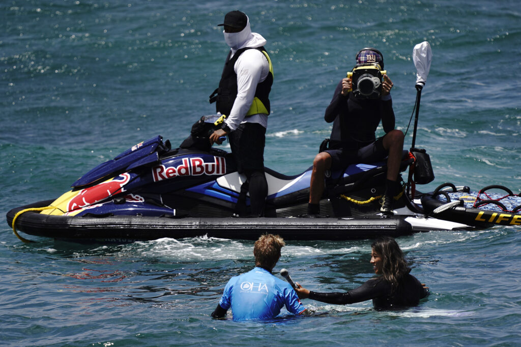 Felix Barton of Hawaiʻi Island’s Hawaii Academy of Arts & Science gets interviewed by Ocean Paddler TV for winning the inaugural Hawaiʻi High School Athletics Association surfing state championships in boys bodyboard Saturday, May 2, 2026, at Hoʻokipa Beach Park in Pāʻia. (Kevin Fujii/Civil Beat/2026)