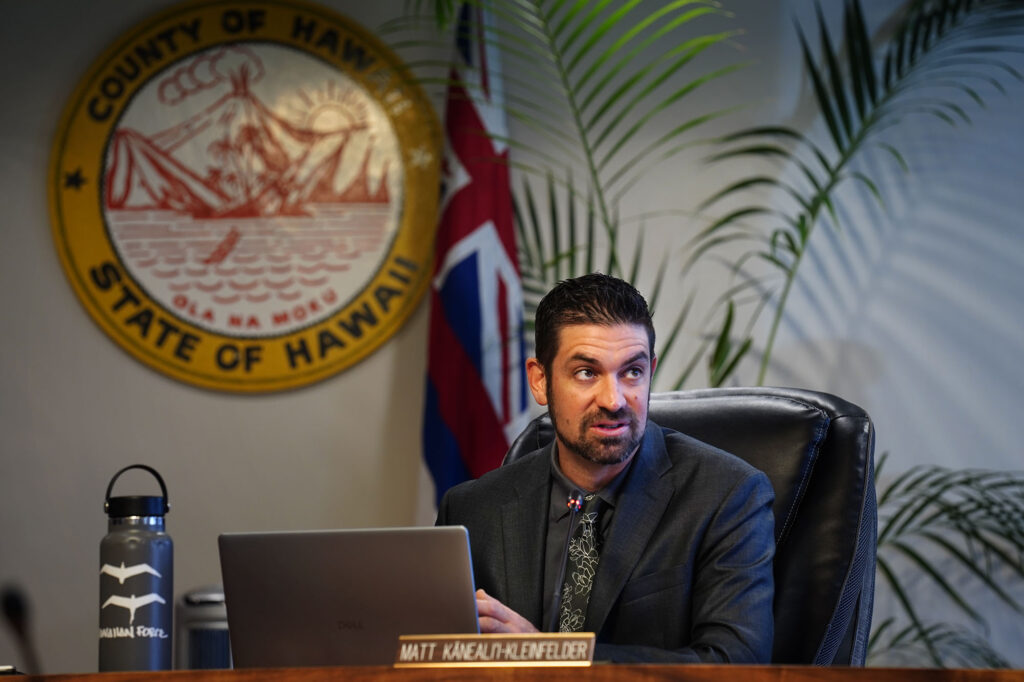 Hawaiʻi County Council member Matt Kaneali‘i-Kleinfelder speaks during a meeting Tuesday, May 5, 2026, in Hilo. (Kevin Fujii/Civil Beat/2026)