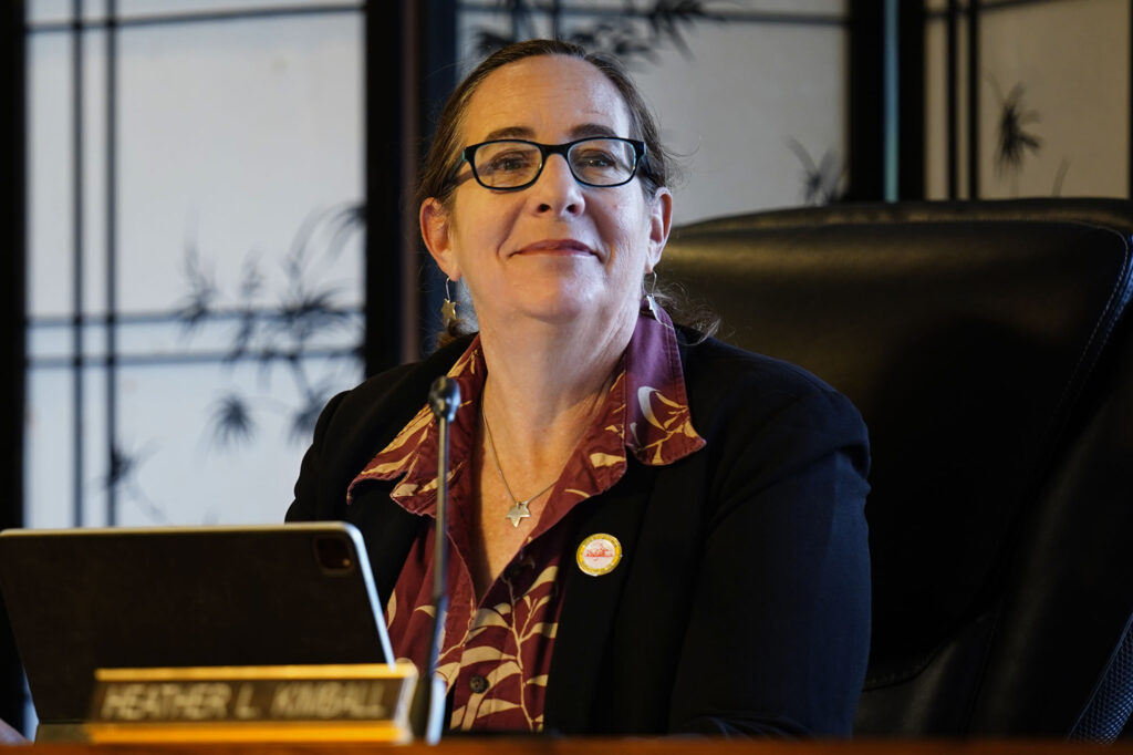 Hawaiʻi County Council member Heather Kimball prepares to vote during a meeting Tuesday, May 5, 2026, in Hilo. (Kevin Fujii/Civil Beat/2026)