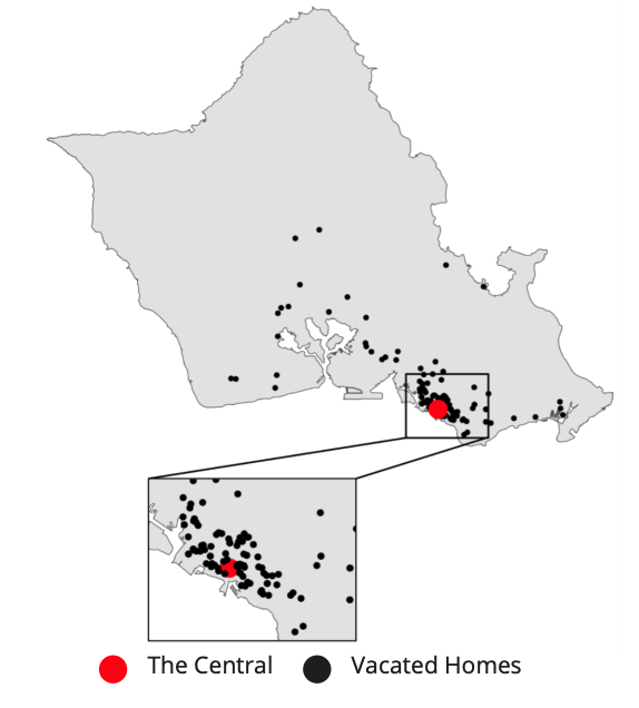 This graphic shows where people who moved into The Central condominium tower in Kakaʻako moved from elsewhere on Oʻahu, freeing up new homes for other residents. (UHERO)