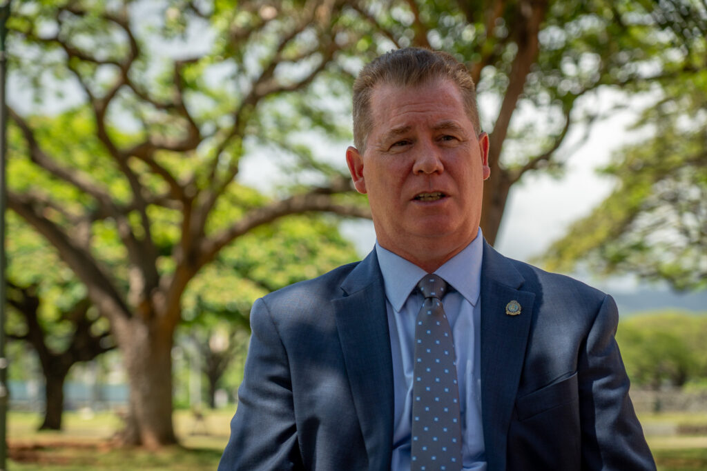 Police chief finalist Scott Ebner interviewed on the grounds of Honolulu Hale May 13, 2026. (Craig Fujii/Civil Beat/2026)