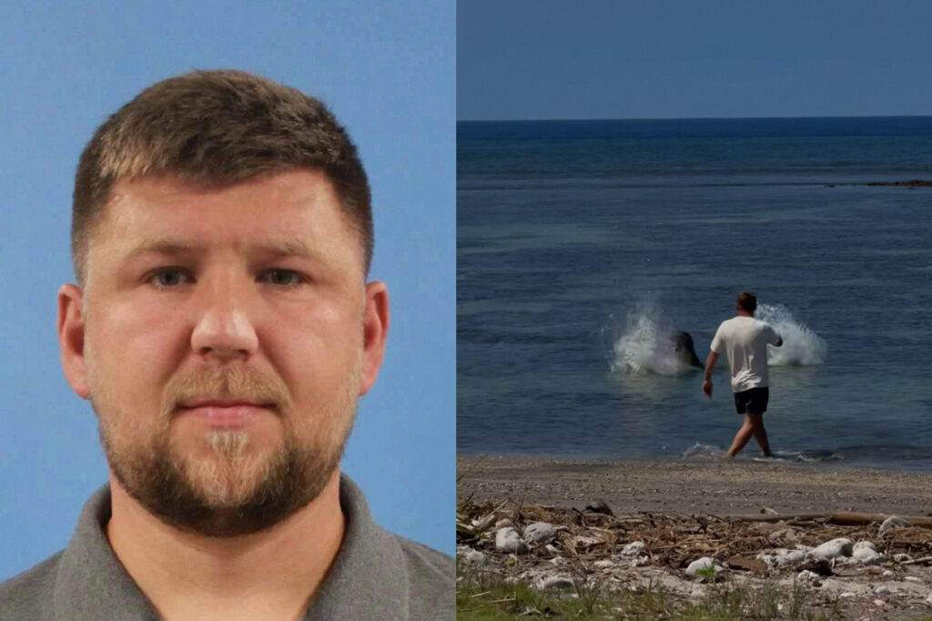 Stitched image of headshot of Igor Lytvynchu and a screenshot from video of incident of a man on the beach throwing a rock at a monk seal.