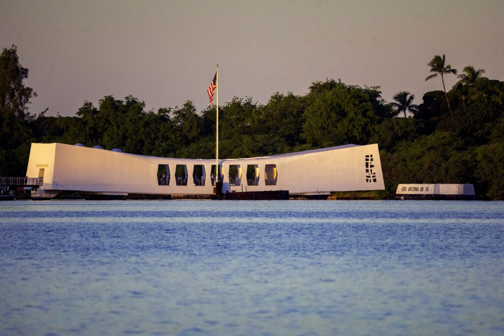 FILE - The USS Arizona Memorial is seen before a ceremony to mark the 83rd anniversary of the Japanese attack on Pearl Harbor, Dec. 7, 2024, in Honolulu. (AP Photo/Mengshin Lin, File)