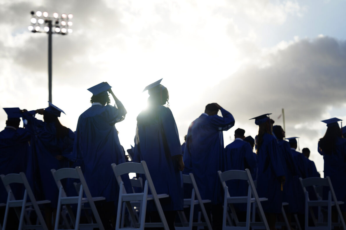 Waiʻanae High School seniors stand as they enter their commencement ceremony Friday, May 22, 2026, in Waiʻanae. (Kevin Fujii/Civil Beat/2026)
