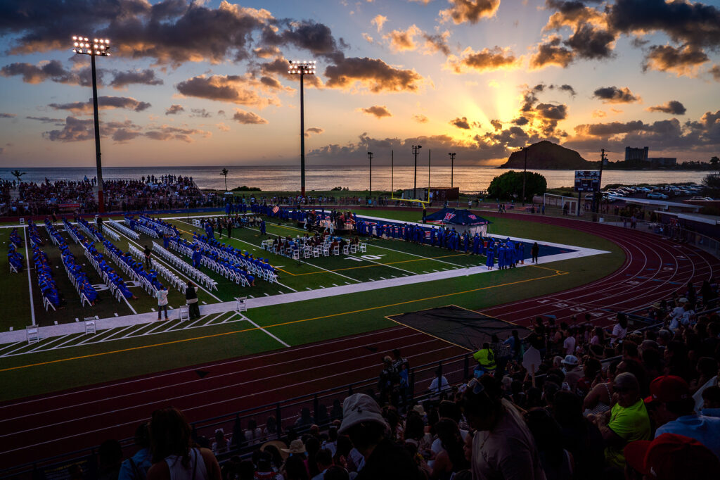 Waiʻanae High School’s commencement ceremony takes place in their beautiful setting of Raymond Torii Field Friday, May 22, 2026, in Waiʻanae. (Kevin Fujii/Civil Beat/2026)