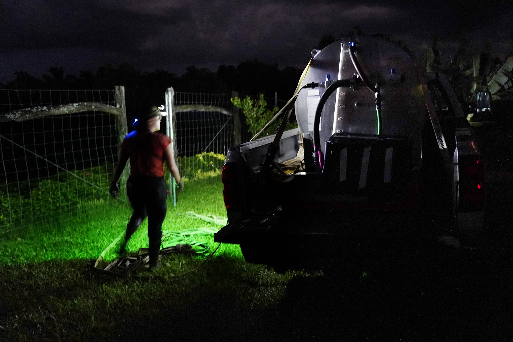 Maui Invasive Species Committee field associated Kaelyn Leval prepares to spray a citric-acid solution on invasive  coqui frogs Tuesday, May 26, 2026, in a Haʻikū gulch. (Kevin Fujii/Civil Beat/2024)
