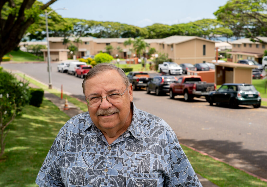 Homeowners association president Larry Veray at his beloved Waiau Gardens Kai B townhomes in Pearl City May 27, 2026. The 114 unit townhomes had an agreement to lease solar for 25 years, and a 20 percent reduction in their monthly electricity bill. "It was a great deal," he said. (Craig Fujii/Civil Beat/2026)